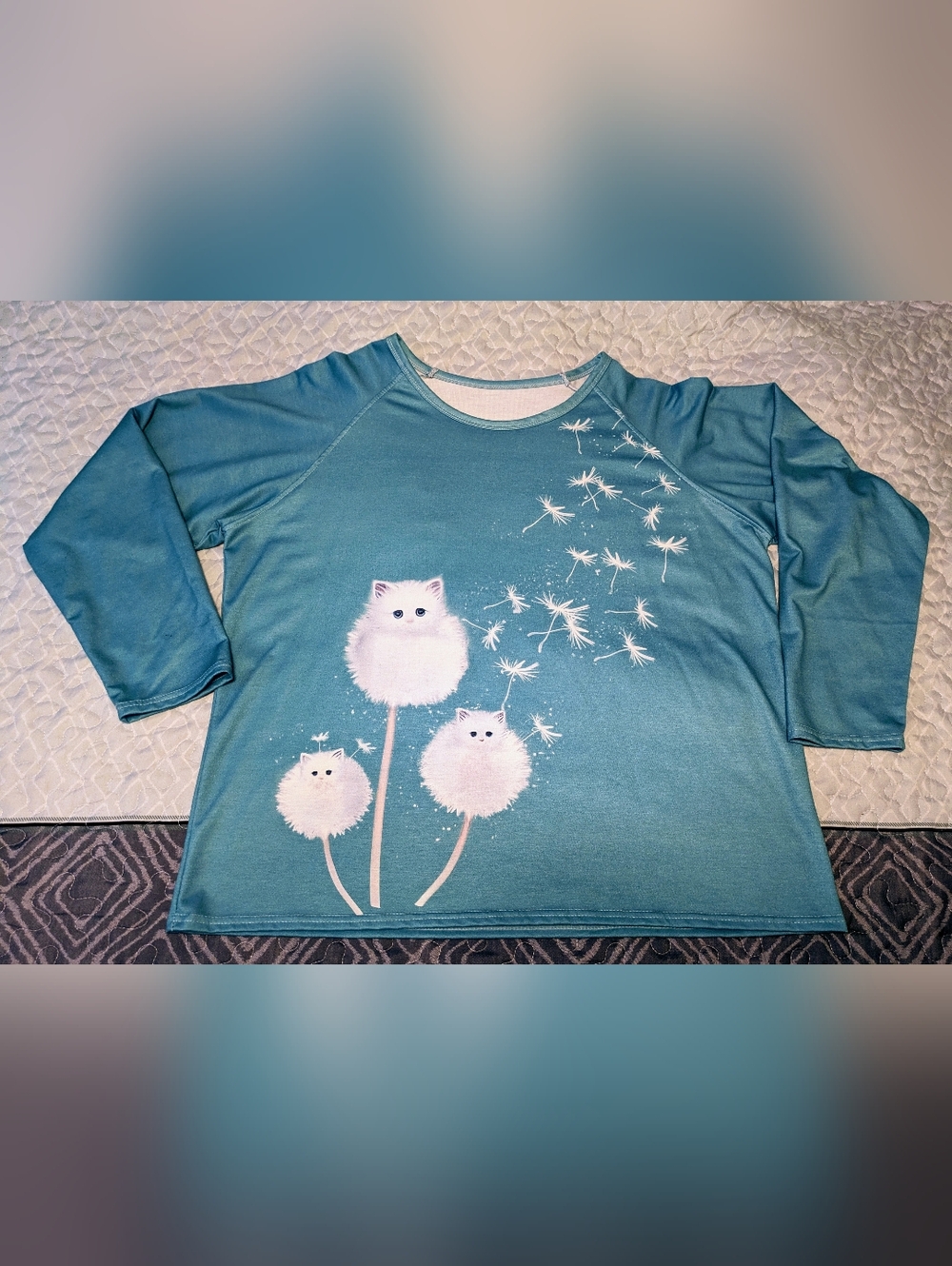 Women's Size XXL Shein Long-Sleeve Light Blue with White Cat Pullover Top